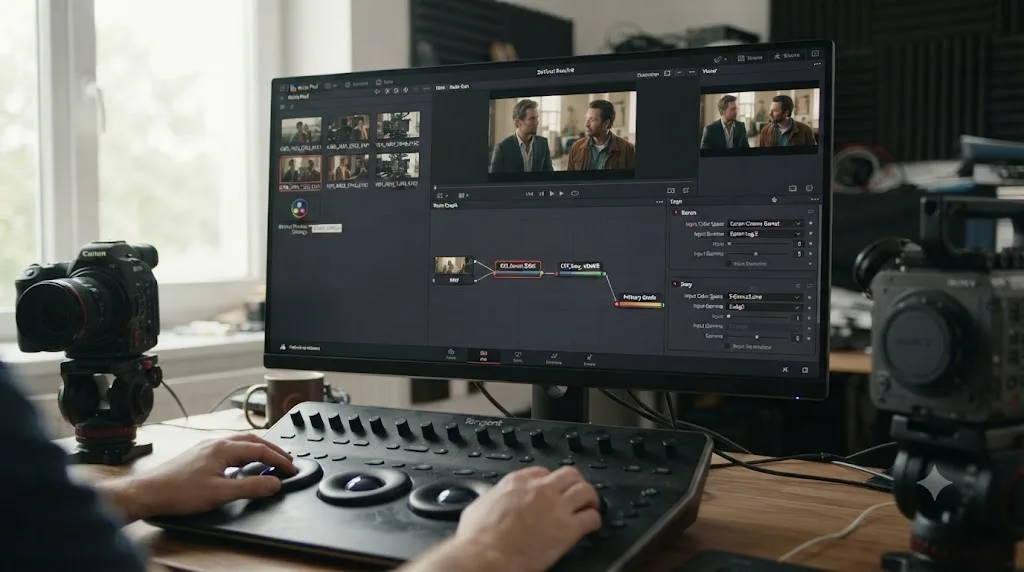 Illustration of a multi-camera shoot with a Canon EOS C400 and a Sony VENICE feeding a DaVinci Resolve project through separate Color Space Transform nodes