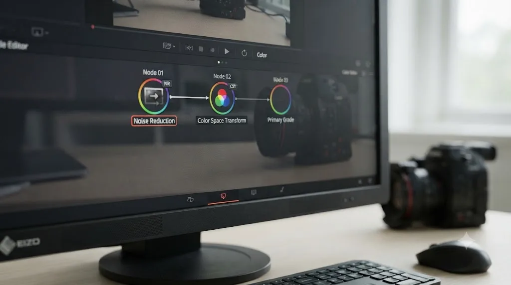 Illustration of a DaVinci Resolve node graph with a Noise Reduction node placed before a Color Space Transform node on Canon C400 footage