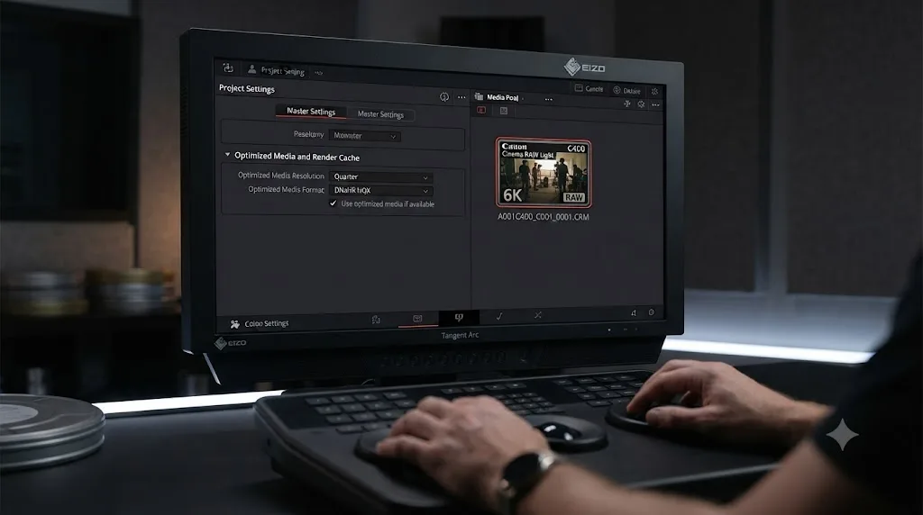 Illustration of a DaVinci Resolve Optimized Media settings panel next to a Canon C400 6K Cinema RAW Light file icon