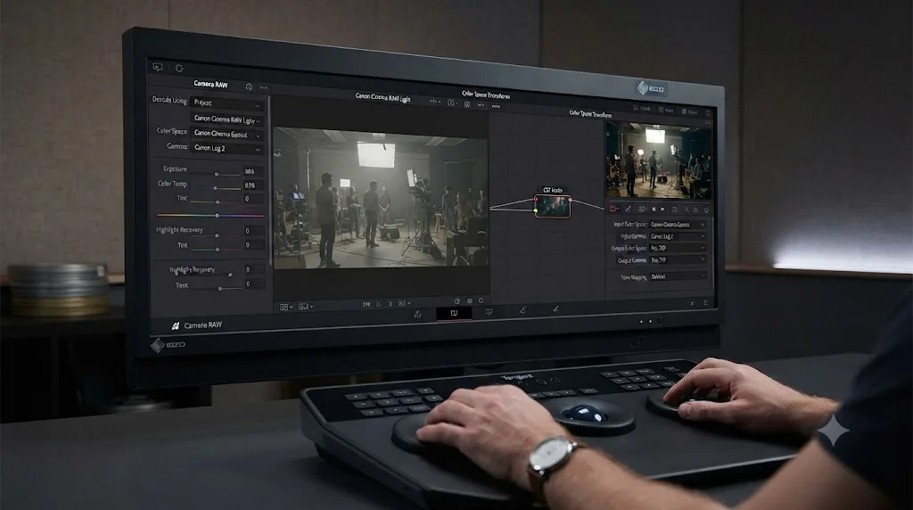 Illustration of a DaVinci Resolve Camera RAW panel decoding a Canon C400 6K Cinema RAW Light clip next to a standard Color Space Transform node