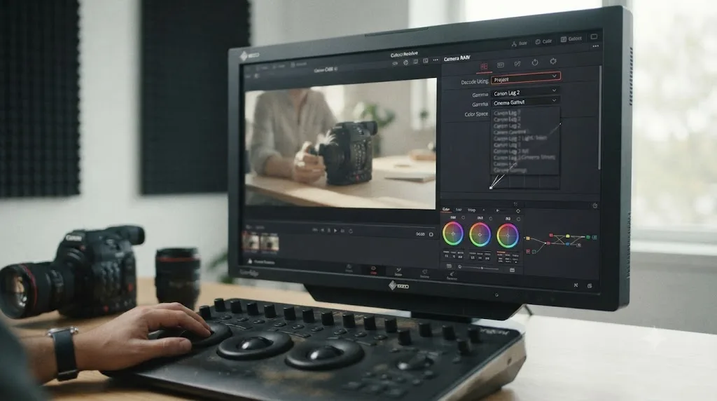 Illustration of a Canon C400 6K Cinema RAW Light clip opening DaVinci Resolve's Camera RAW tab with default Canon Log 2 and Cinema Gamut decode settings