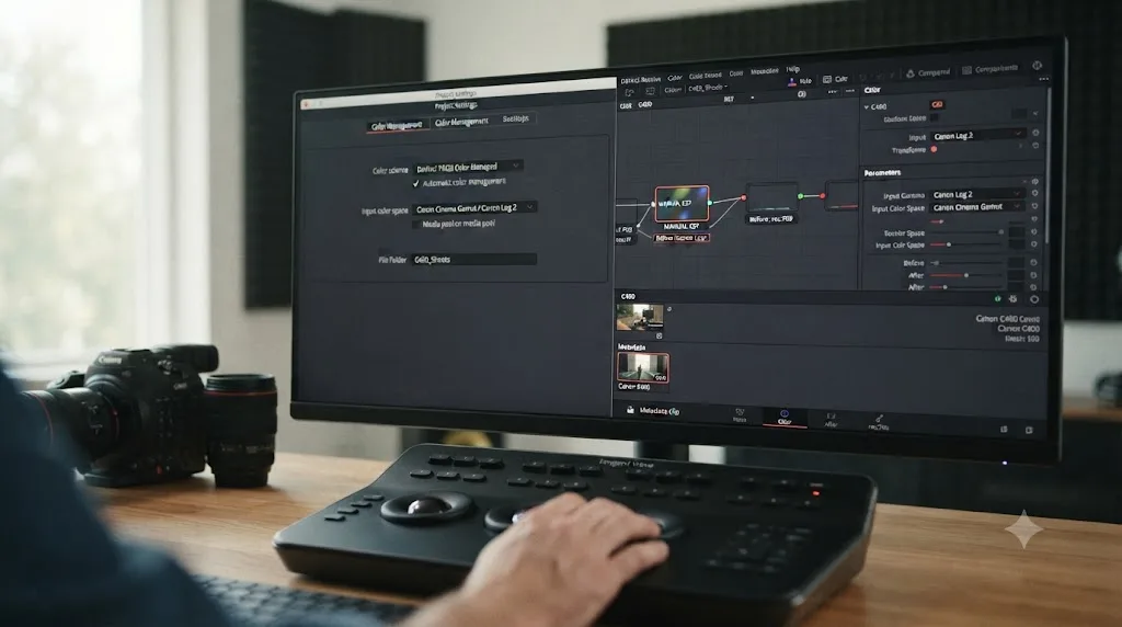 Illustration comparing DaVinci Resolve automatic Color Management tagging against manual Color Space Transform nodes for Canon C400 footage