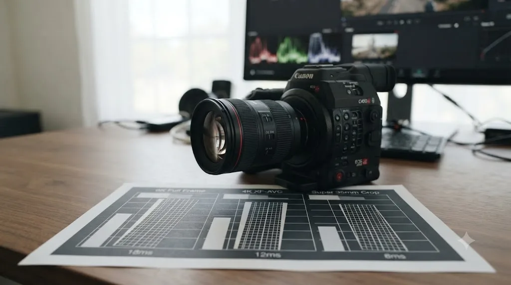 Illustration of a rolling shutter comparison chart for the Canon EOS C400 across full frame 6K, 4K XF-AVC, and Super 35mm crop modes