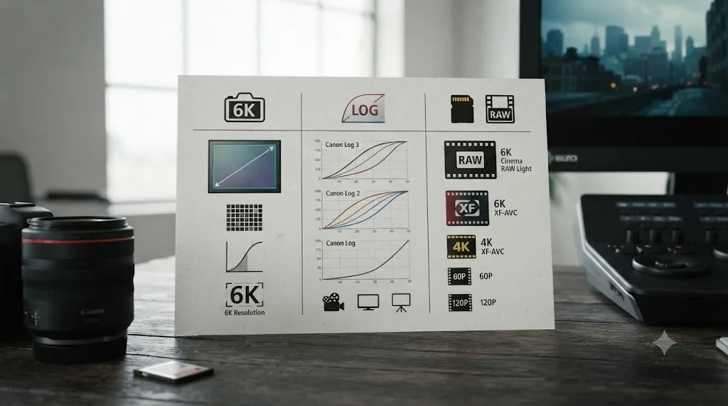 Illustration of a specification chart for the Canon EOS C400 showing sensor, Canon Log options, and internal 6K RAW recording formats