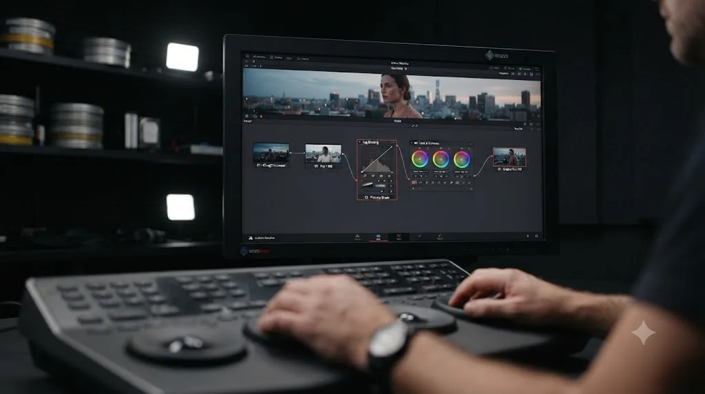 Illustration of a five-node DaVinci Resolve node graph taking Canon C400 C-Log2 footage from Log source to finished Rec.709 grade