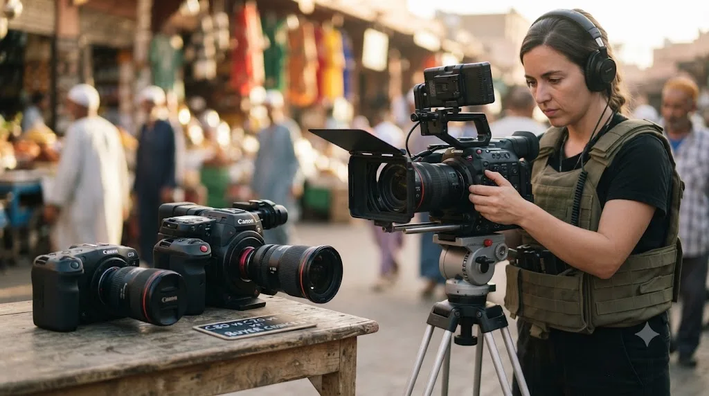 Illustration comparing a Canon EOS C80 on a solo documentary shoot against a Canon C70 and a Canon C400 representing different buyer priorities