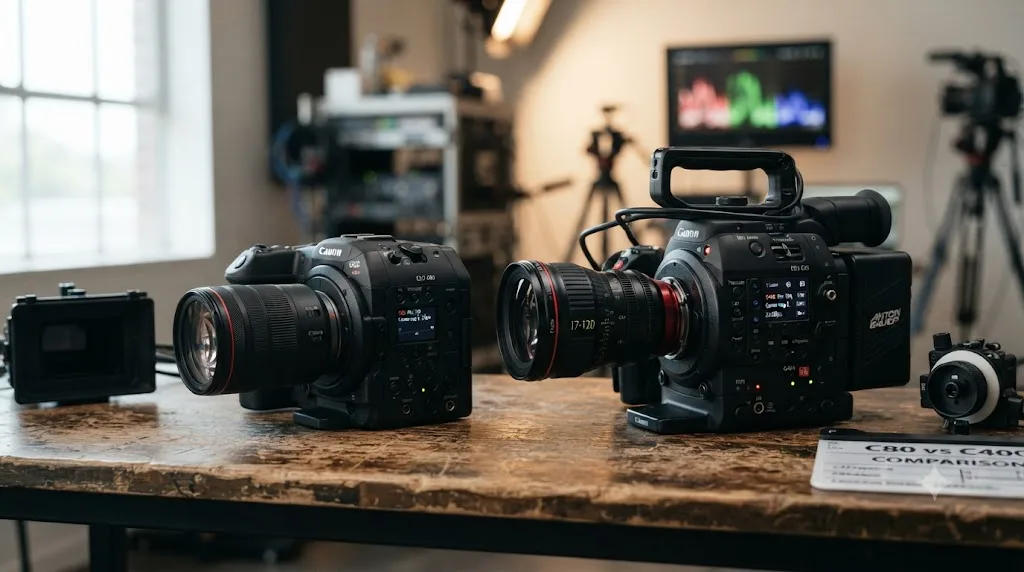 Illustration comparing the Canon EOS C80 and Canon EOS C400 cinema cameras side by side with a specification comparison overlay