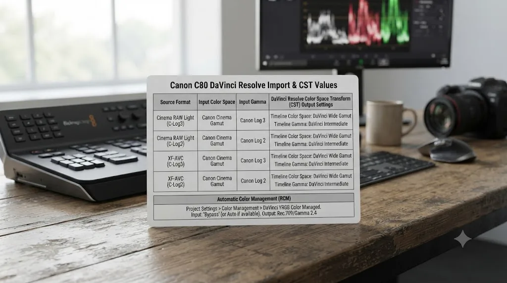 Illustration of a settings cheat sheet table for Canon C80 Log and Cinema RAW Light import and Color Space Transform values in DaVinci Resolve