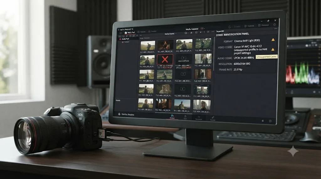 Illustration of a DaVinci Resolve media pool with a Canon C80 clip failing to import next to a codec identification panel