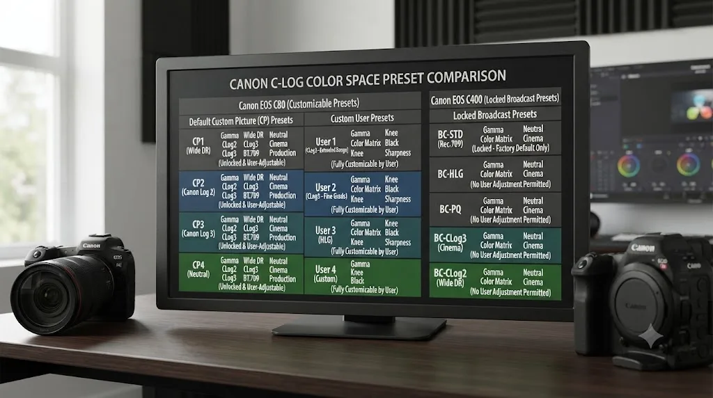Illustration comparing Canon Log color space options across the Canon EOS C80's default and custom presets and the Canon EOS C400's locked presets