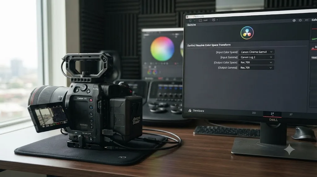 Illustration of a Canon EOS C80 cinema camera next to a DaVinci Resolve Color Space Transform panel set to Canon Cinema Gamut and Canon Log 2
