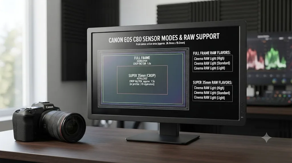 Illustration of a Canon EOS C80 sensor diagram showing Full Frame and Super 35mm crop areas with crop factors and RAW flavor availability
