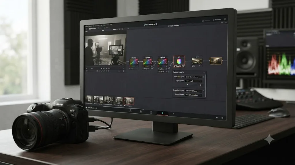 Illustration of a DaVinci Resolve Color Space Transform node converting Canon C80 Canon Log 2 footage from Cinema Gamut to DaVinci Wide Gamut