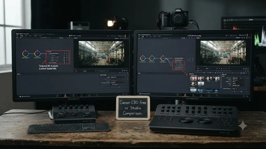 Illustration comparing DaVinci Resolve free and Studio feature sets for noise reduction, HDR delivery, and Resolve FX relevant to Canon C80 footage