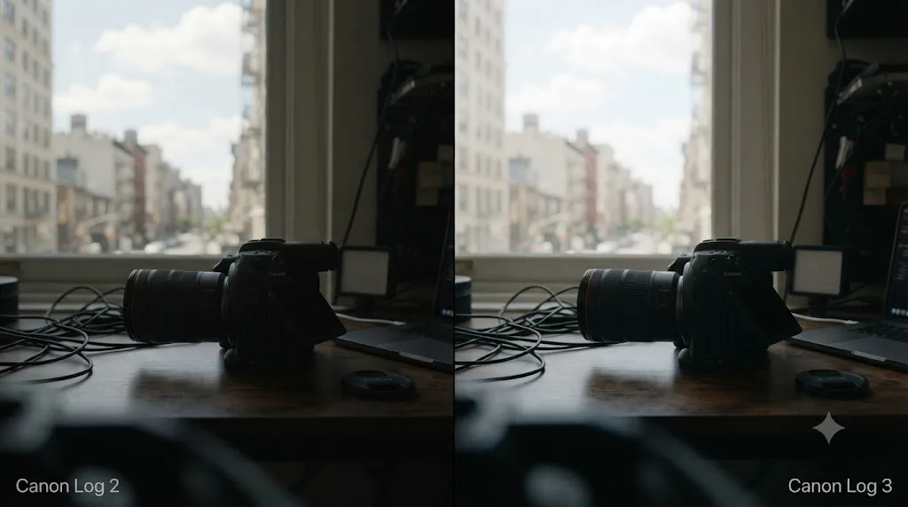 Illustration comparing Canon Log 2 and Canon Log 3 shadow detail and highlight rendering on Canon EOS C80 footage