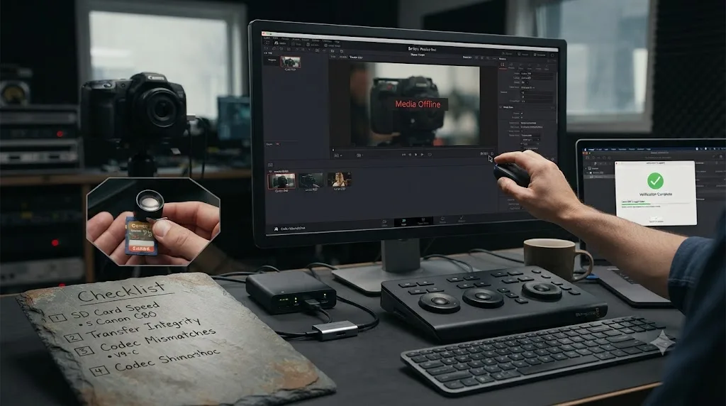 Illustration of a troubleshooting checklist for a Canon C80 clip showing Media Offline in DaVinci Resolve