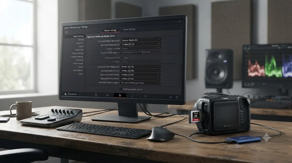 Illustration of a DaVinci Resolve Optimized Media settings panel next to a Canon C80 6K Cinema RAW Light file icon