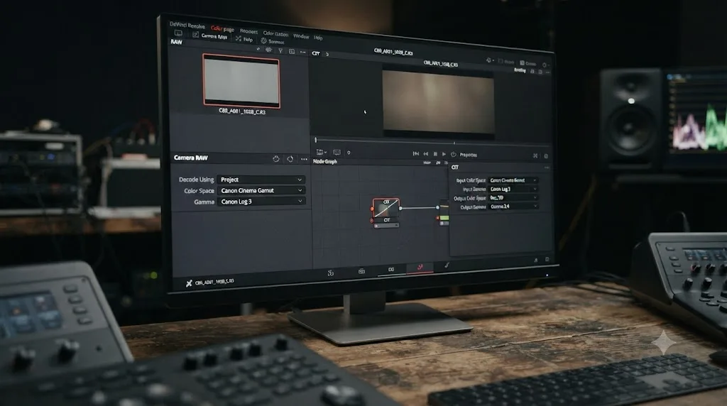 Illustration of a DaVinci Resolve Camera RAW panel decoding a Canon C80 6K Cinema RAW Light clip next to a standard Color Space Transform node