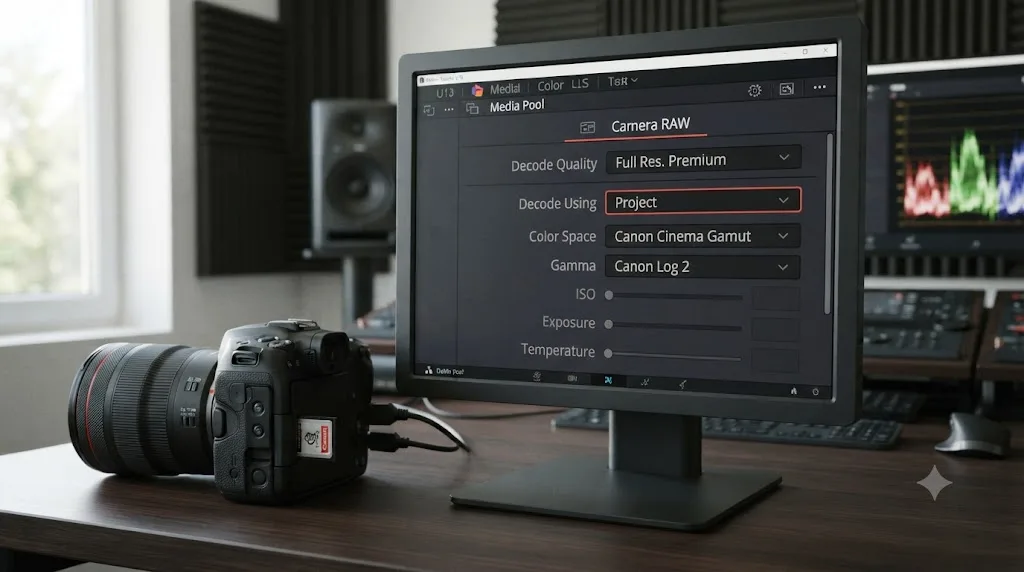 Illustration of a Canon C80 6K Cinema RAW Light clip opening DaVinci Resolve's Camera RAW tab with default Canon Log 2 and Cinema Gamut decode settings