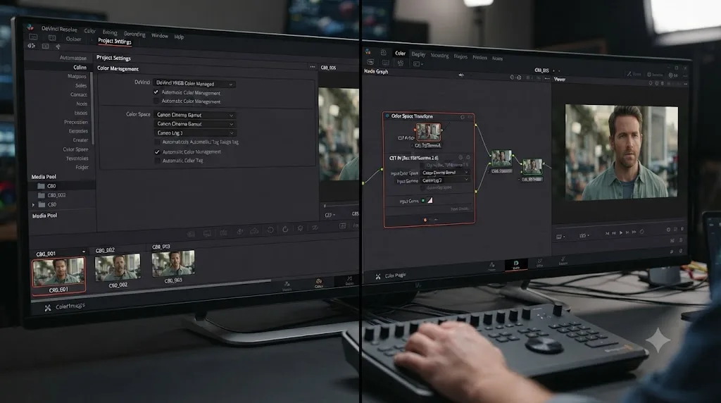 Illustration comparing DaVinci Resolve automatic Color Management tagging against manual Color Space Transform nodes for Canon C80 footage