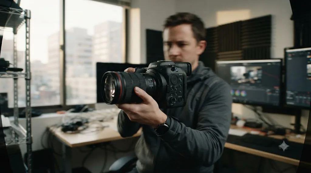Illustration of a handheld Canon EOS C80 camera during a fast whip pan showing rolling shutter skew at the frame edges