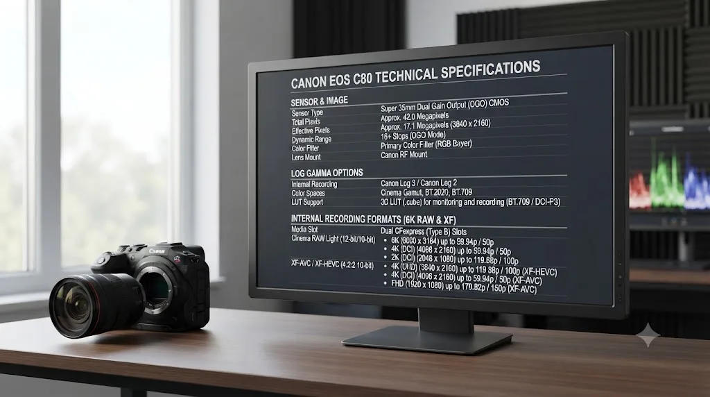 Illustration of a specification chart for the Canon EOS C80 showing sensor, Canon Log options, and internal 6K RAW recording formats