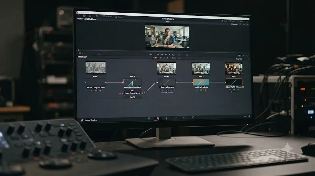 Illustration of a five-node DaVinci Resolve node graph taking Canon C80 C-Log2 footage from Log source to finished Rec.709 grade
