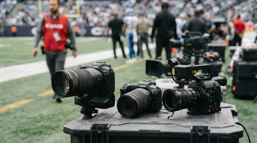 Illustration comparing a Canon EOS R1 at a sports sideline against an EOS R5 Mark II and a Cinema EOS camera representing different buyer priorities