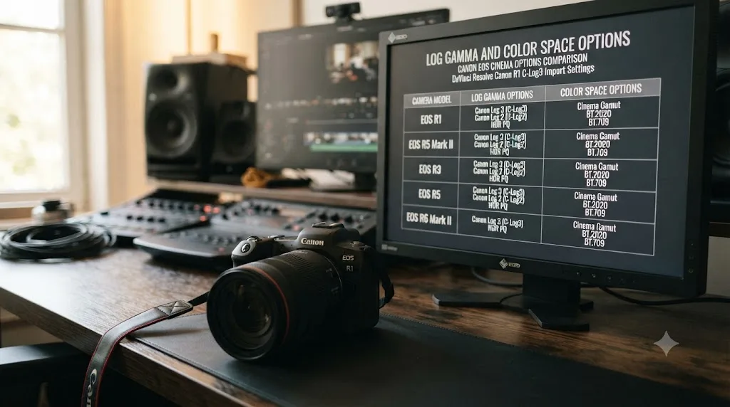 Illustration comparing Canon Log gamma and color space options across the EOS R1, R3, R6 Mark II, R5, and R5 Mark II cameras