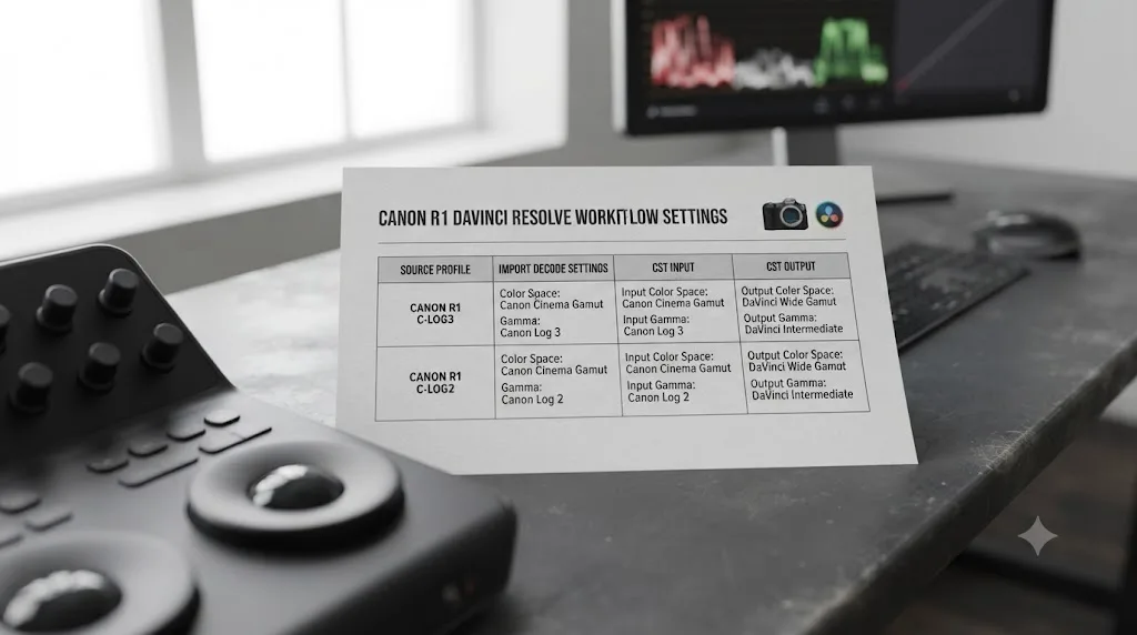 Illustration of a settings cheat sheet table for Canon R1 C-Log3 and C-Log2 import and Color Space Transform values in DaVinci Resolve