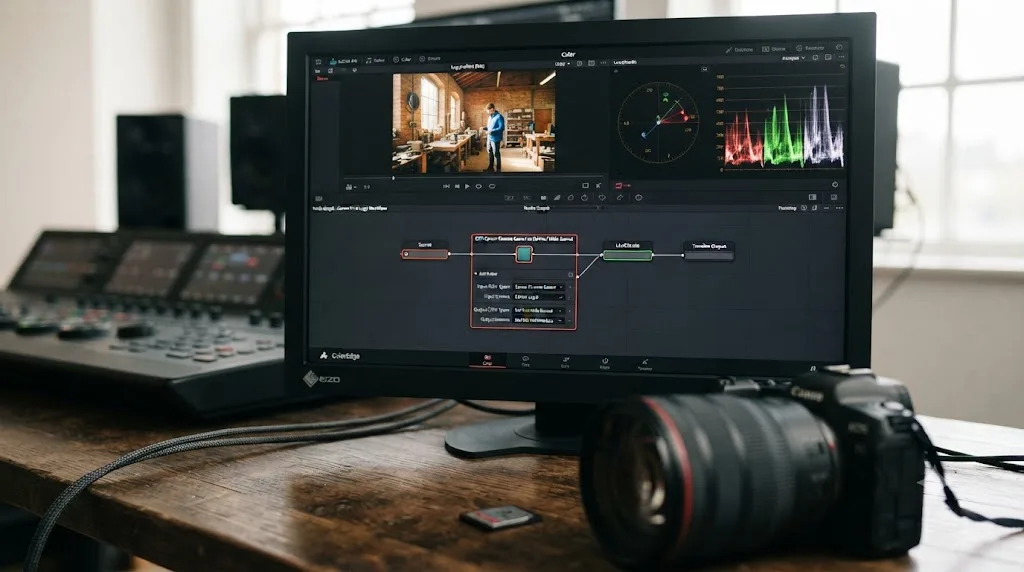 Illustration of a DaVinci Resolve Color Space Transform node converting Canon R1 C-Log3 footage from Cinema Gamut to DaVinci Wide Gamut