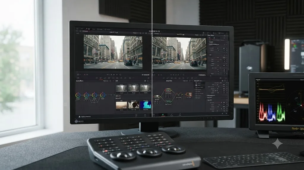 Illustration comparing DaVinci Resolve free and Studio feature sets for noise reduction, HDR delivery, and Resolve FX relevant to Canon R1 footage