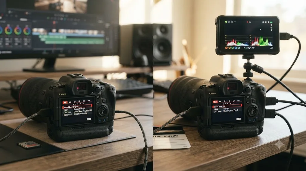 Illustration comparing Canon R1 internal Cinema Gamut recording against HDMI output to an external recorder