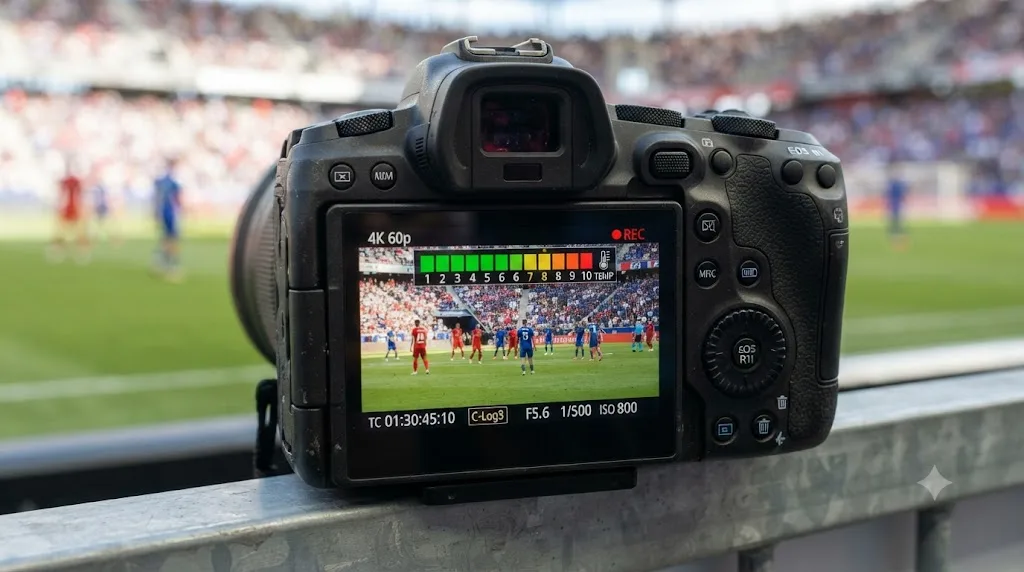 Illustration of a Canon EOS R1 camera screen showing a temperature warning indicator during 4K recording at a sports event