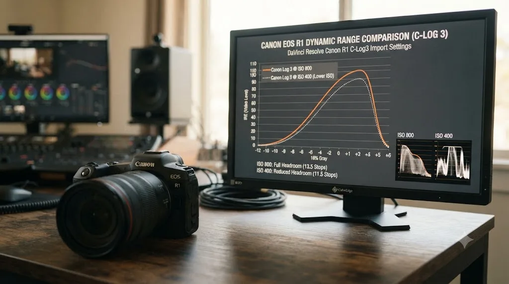 Illustration comparing Canon Log dynamic range at ISO 800 against a lower ISO setting with reduced highlight headroom on the Canon EOS R1