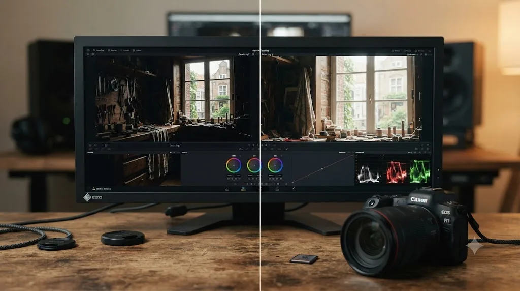 Illustration comparing Canon Log 2 and Canon Log 3 shadow detail and highlight rendering on Canon EOS R1 footage