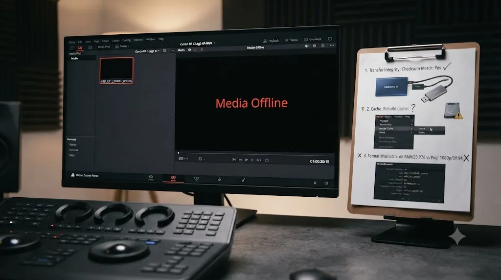 Illustration of a troubleshooting checklist for a Canon R1 clip showing Media Offline in DaVinci Resolve