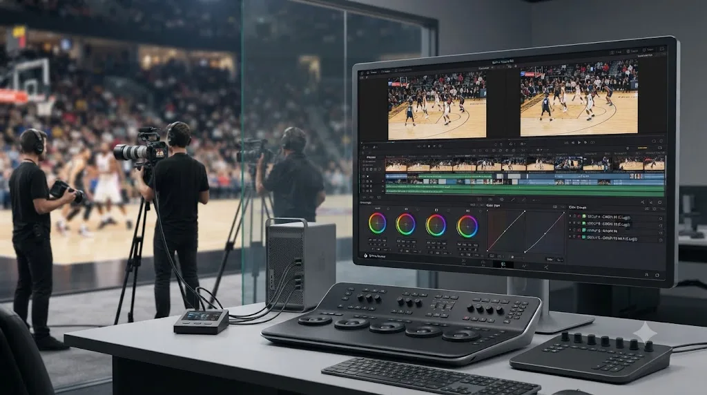 Illustration of a multi-camera sports shoot with Canon R1, R3, and R5 Mark II cameras feeding a DaVinci Resolve project organized into separate Color Groups