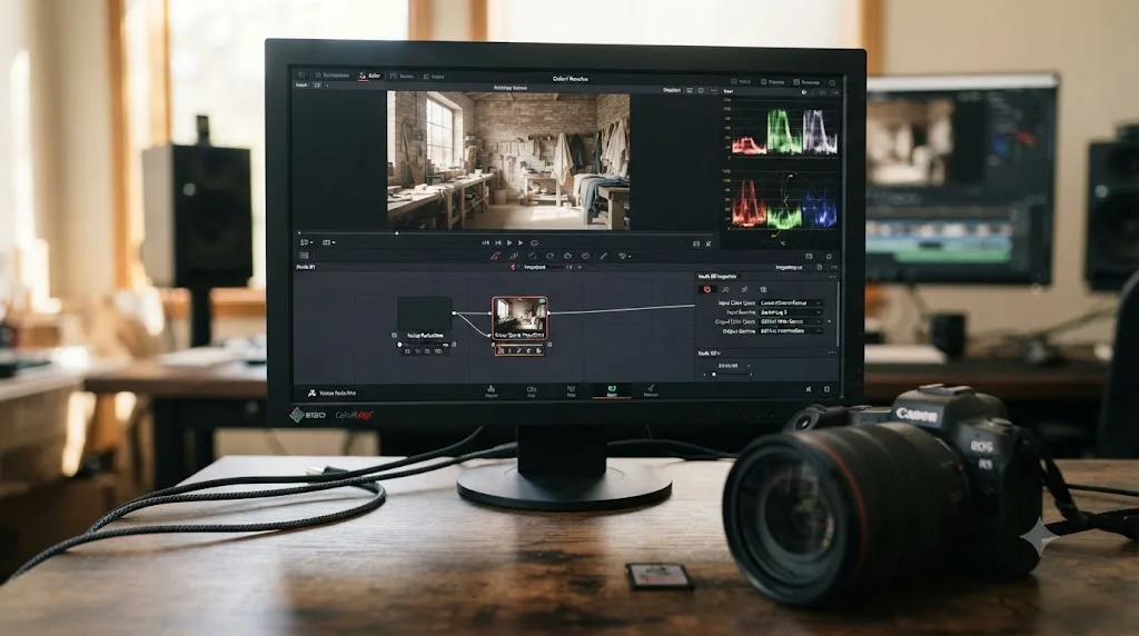 Illustration of a DaVinci Resolve node graph with a Noise Reduction node placed before a Color Space Transform node on Canon R1 C-Log3 footage