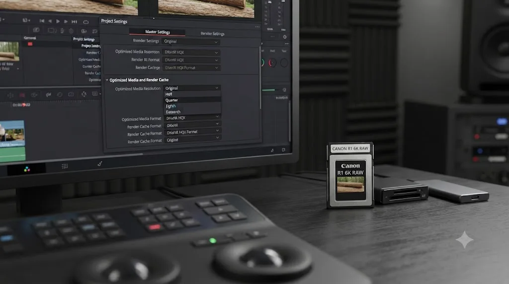 Illustration of a DaVinci Resolve Optimized Media settings panel next to a Canon R1 6K RAW file icon