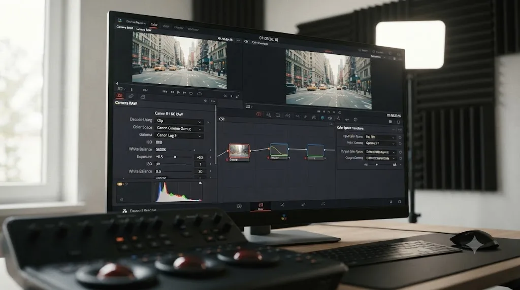 Illustration of a DaVinci Resolve Camera RAW panel decoding a Canon R1 6K RAW clip next to a standard Color Space Transform node