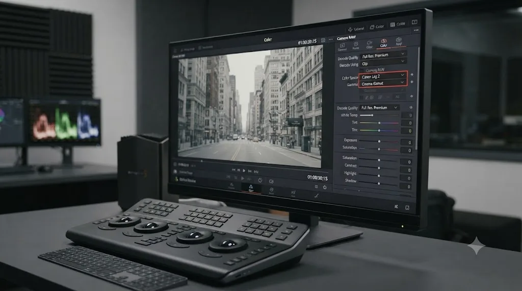 Illustration of a Canon R1 6K RAW clip opening DaVinci Resolve's Camera RAW tab with default Canon Log 2 and Cinema Gamut decode settings