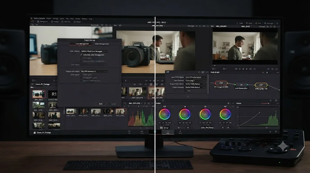 Illustration comparing DaVinci Resolve automatic Color Management tagging against manual Color Space Transform nodes for Canon R1 footage