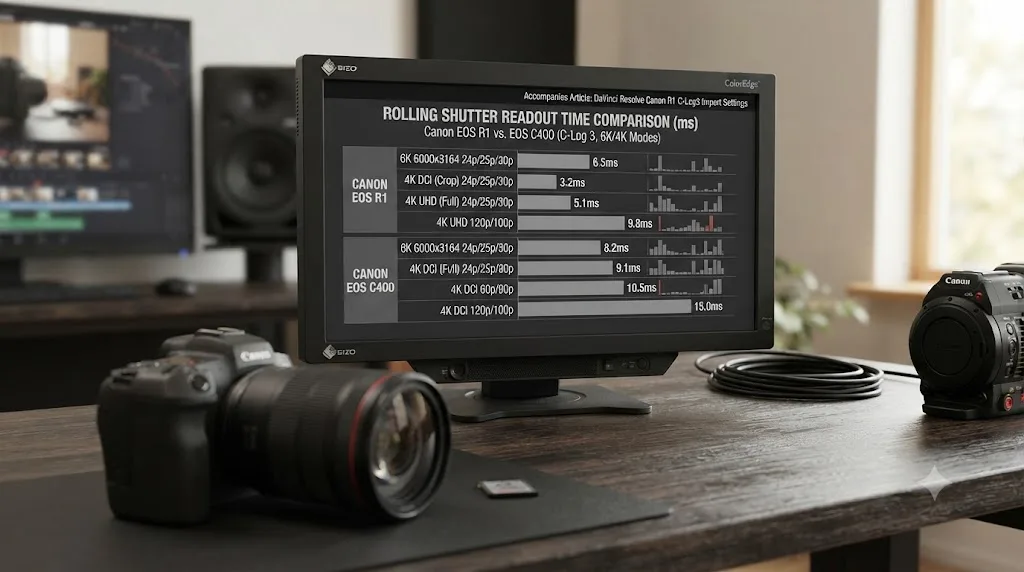 Illustration of a rolling shutter comparison chart for the Canon EOS R1 at 6K, 4K, and 4K 120fps compared against the EOS C400