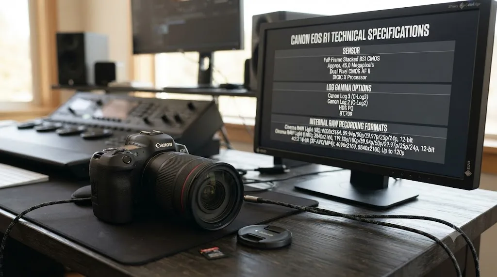 Illustration of a specification chart for the Canon EOS R1 showing sensor, Canon Log options, and internal 6K RAW recording formats