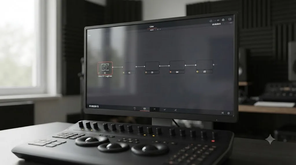 Illustration of a five-node DaVinci Resolve node graph taking Canon R1 C-Log3 footage from Log source to finished Rec.709 grade