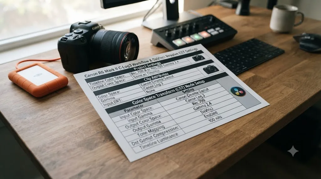 Illustration of a settings cheat sheet table for Canon R6 Mark II C-Log3 import and Color Space Transform values in DaVinci Resolve