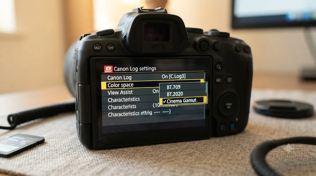 Illustration of a Canon EOS R6 Mark II menu screen showing BT.709, BT.2020, and Cinema Gamut color space options for Canon Log 3
