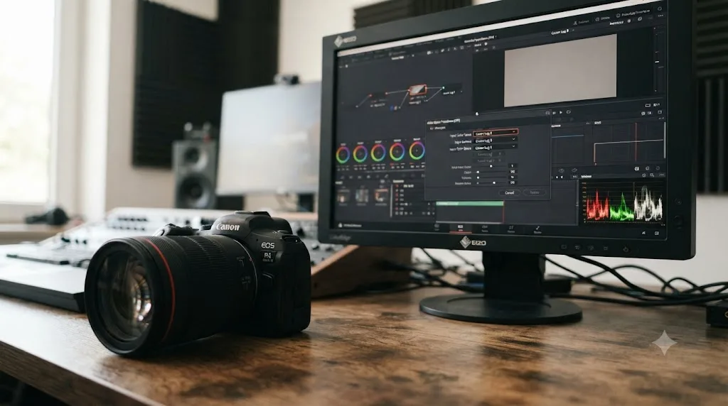 Illustration of a Canon EOS R6 Mark II camera next to a DaVinci Resolve Color Space Transform panel set to Canon Log 3