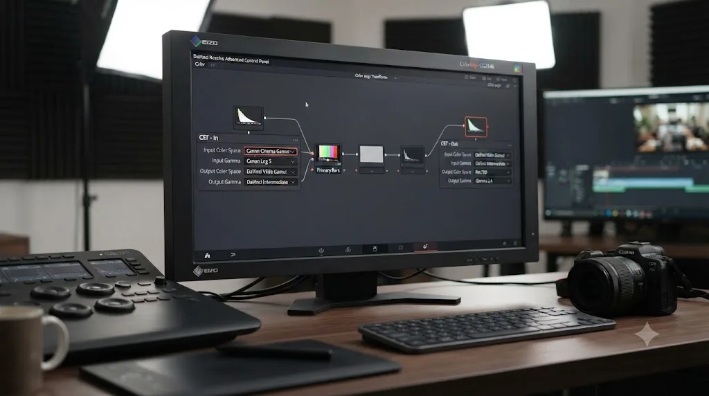 Illustration of a DaVinci Resolve node graph with two Color Space Transform nodes converting Canon R6 Mark II C-Log3 footage to Rec.709 output